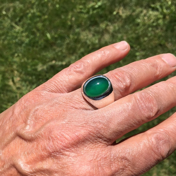 Mens Heavy Oval Green Onyx Ring in Sterling Silver