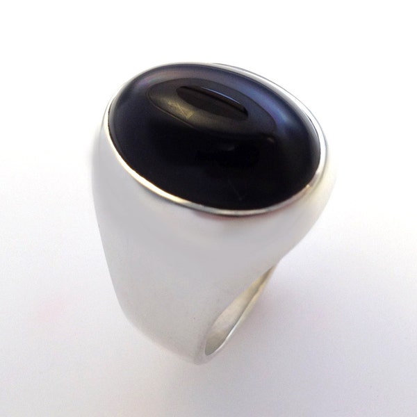 Mens Heavy Oval Black Onyx Ring in Sterling Silver