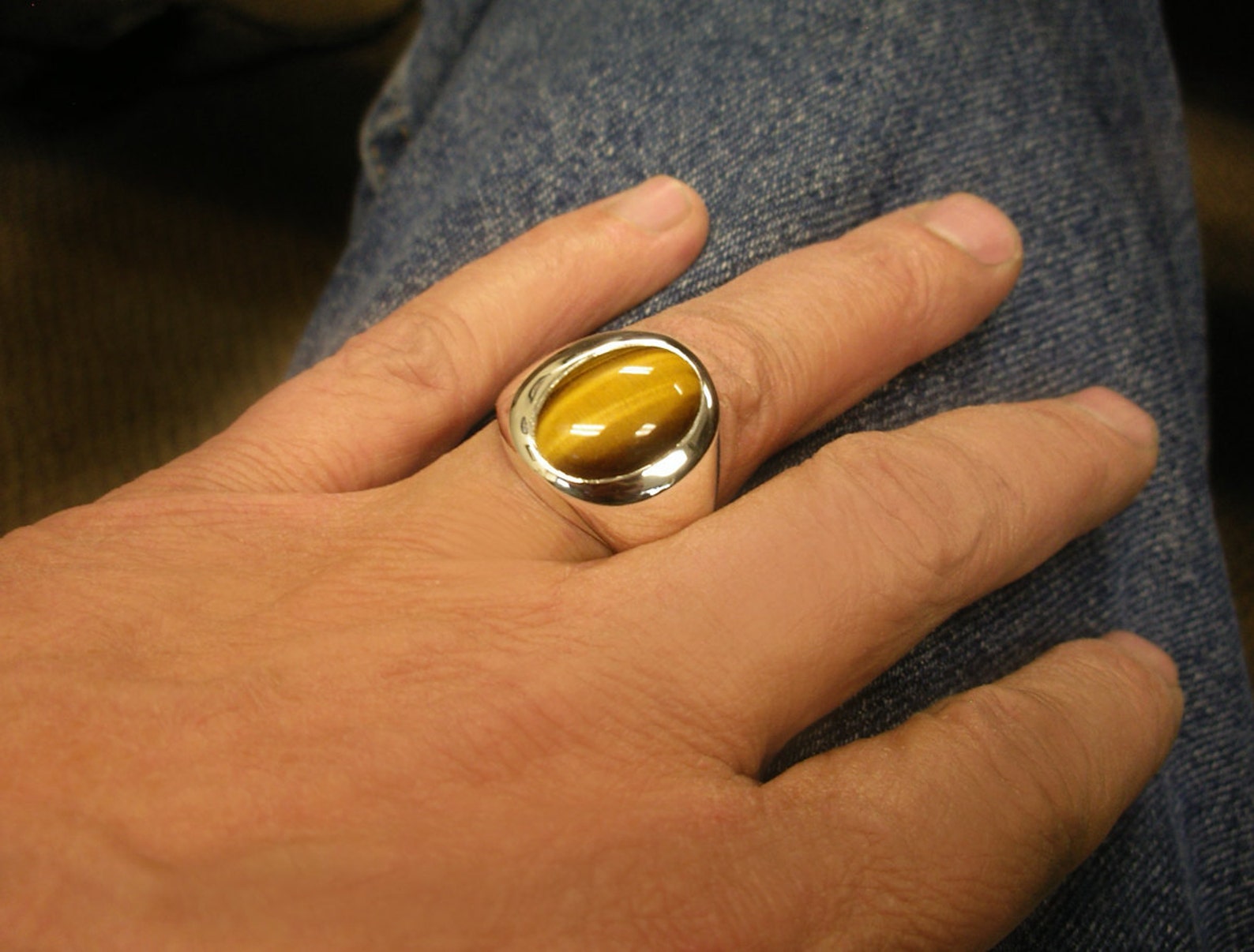 KAR Sterling Silver Men's Tiger Eye Ring | Heavy Natural Oval Stone 925K Stamped | Handmade Gift Ring For Him