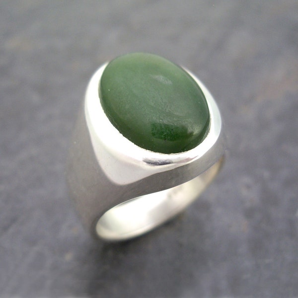 Mens Heavy Oval Nephrite Jade Ring in Sterling Silver