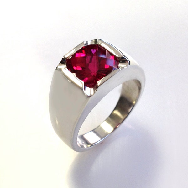 Mens Stunning Antique Cushion Checkerboard Cut Ruby Ring in Solid Sterling Silver