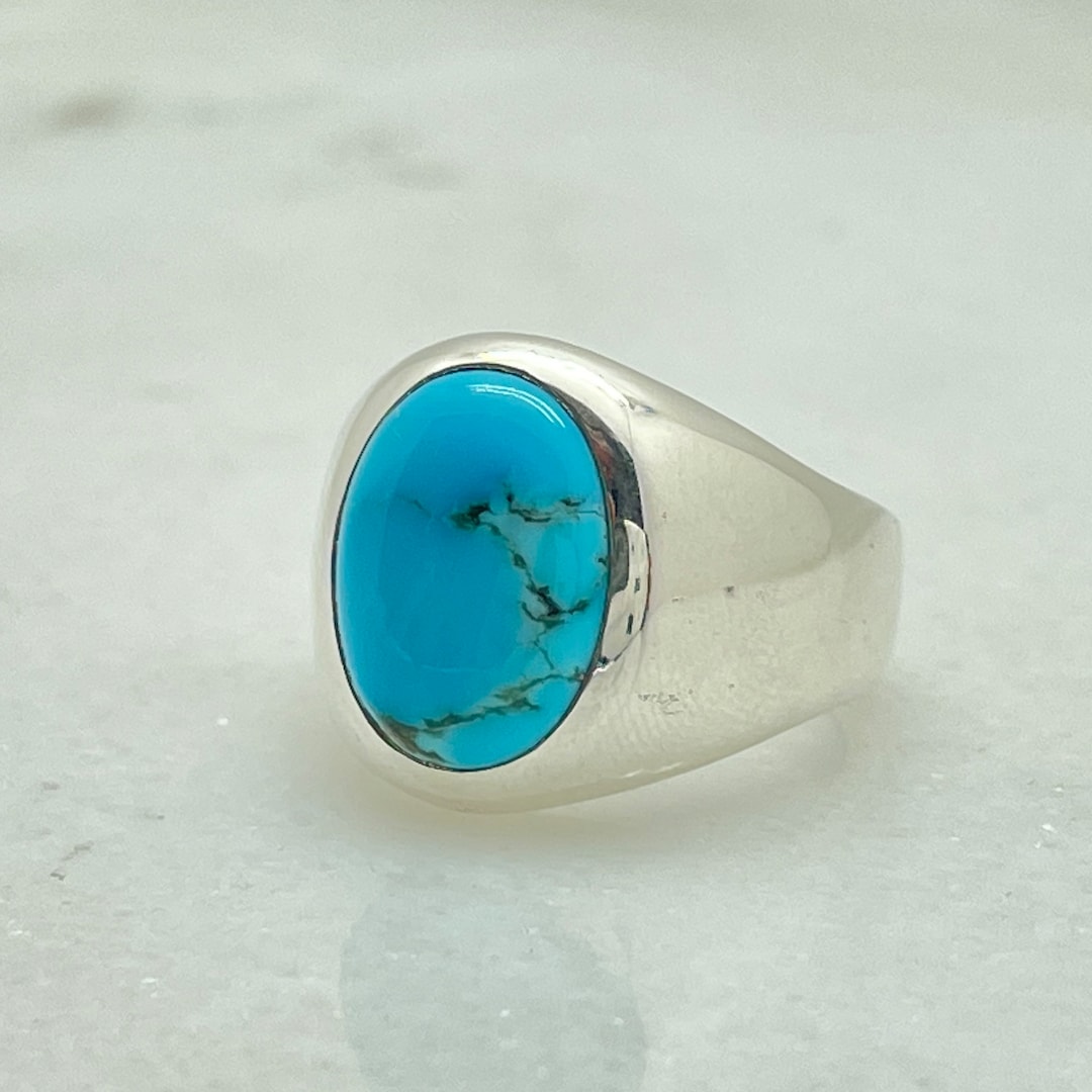 Men's Heavy Solid Silver Ring 16x12 Oval Turquoise - Etsy