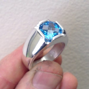 Mens Stunning Antique Cushion Cut Natural Swiss Blue Topaz Ring in Solid Sterling Silver image 1