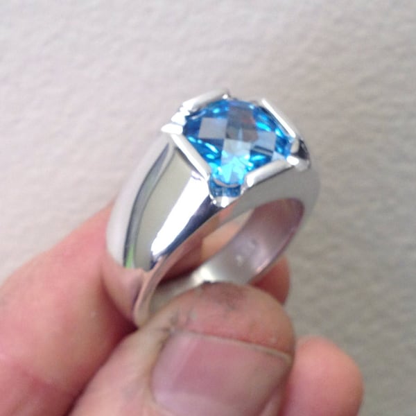 Mens Stunning Antique Cushion Cut Natural Swiss Blue Topaz Ring in Solid Sterling Silver