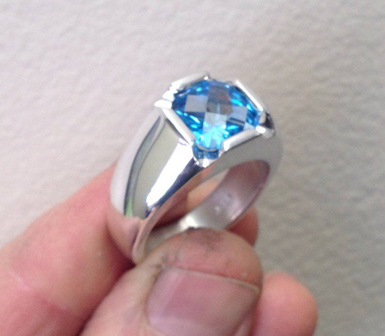 Mens Stunning Antique Cushion Cut Natural Swiss Blue Topaz Ring in Solid Sterling Silver image 1