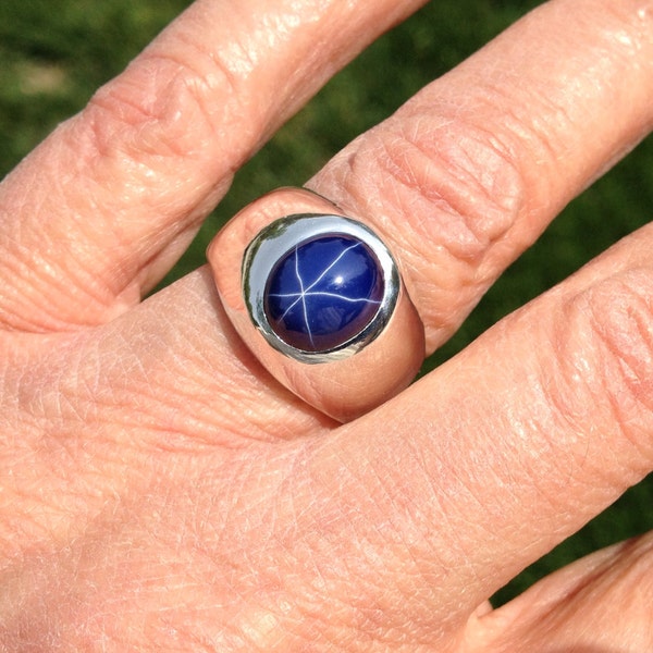 Classic Men's  Heavy Weight Oval Blue Star Sapphire  Gypsy Style Sterling Silver Ring