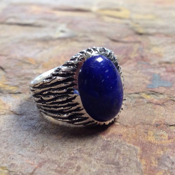 Mens Heavy Oval Lapis Lazuli Tree Bark Style Ring in Sterling | Etsy