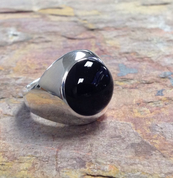 VINTAGE silver ring - black onyx 16号 Mens Heavy 16mm Round Black Onyx Ring in Sterling Silver - Etsy