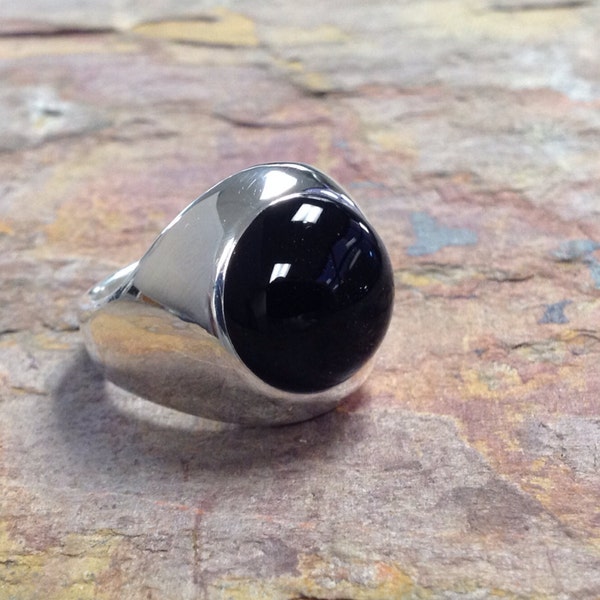 Mens Heavy  16mm Round Black Onyx Ring in Sterling Silver