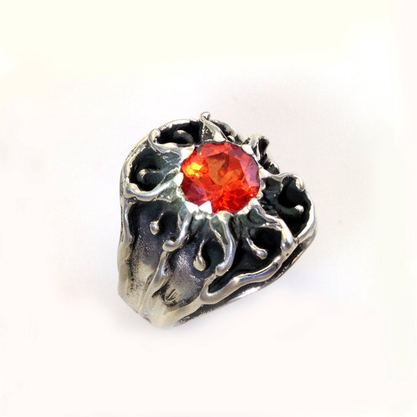 Vintage Design, Sterling Silver  Mens Sunburst Ring with an Orange Sapphire