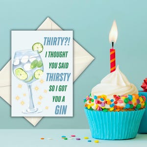 Biglietto di auguri divertente per il 30° compleanno stampabile / Biglietto Thirsty Thirty Gin / Umorismo sui cocktail / TRENTA?! Pensavo avessi detto SETE