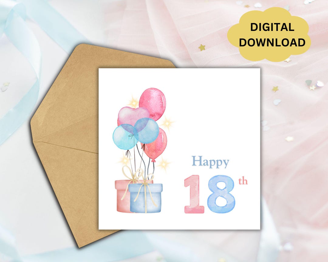 Printable Happy 18th Birthday Card - Printable Watercolor Birthday Card ...
