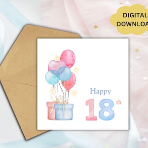 Cartão de feliz aniversário de 18 anos para impressão - Cartão de aniversário em aquarela para impressão com balões e presentes - Download digital - Cartão de felicitações fofo
