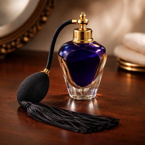 Puede incluir: Un frasco de perfume vintage con una base de vidrio transparente y facetado y un líquido azul oscuro. El frasco tiene detalles dorados y un atomizador de bulbo negro con una borla larga. El frasco de perfume está sobre una superficie de madera oscura.