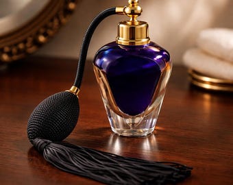 Atomizador de perfume vintage de cristal iridiscente azul cobalto estilo art déco.