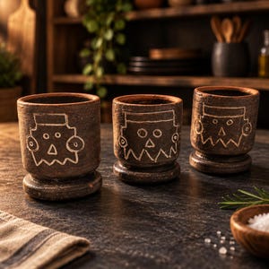 May include: Three dark brown, cylindrical ceramic cups with a thick base, each featuring a hand-etched white line drawing of a stylized face with a flat top, circular ears, and a jagged mouth, arranged in a row on a dark textured surface.