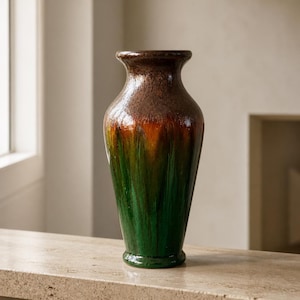 May include: A tall ceramic vase featuring a flared rim and a tapered body. The glaze transitions from a dark brown at the top to a vibrant green at the base, with a glossy finish and vertical drip patterns throughout the surface of the vessel.