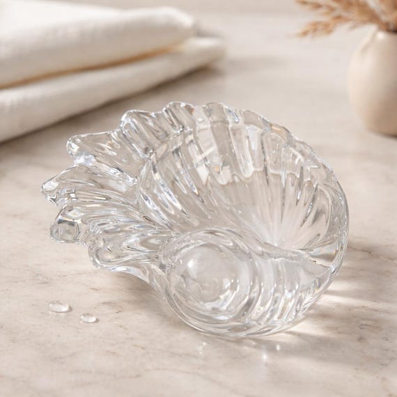 Vintage Art Vannes France Lead Crystal Seashell Candy Trinket Dish, 4.5"