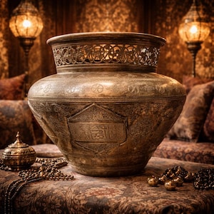 May include: A large, antique bronze vase with intricate etched designs and a decorative openwork rim. The vase sits on a patterned surface, accompanied by a small, ornate container and beaded jewelry. The warm lighting suggests an exotic, vintage theme.