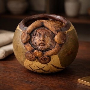 May include: A handcrafted, round ceramic vessel with a detailed relief of a bearded face. The vessel features a brown rim and a tan and brown exterior with a crosshatch pattern. The face is framed by a decorative arch.