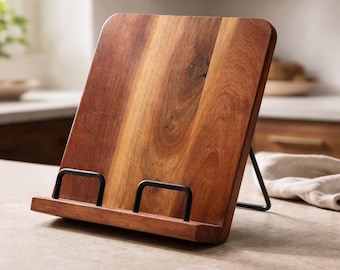 Wood Cookbook or Tablet Stand with Black Metal Accents