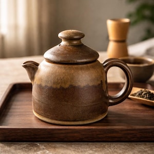 Pode incluir: Uma chaleira de cerâmica marrom com tampa, bico e alça está em uma bandeja de madeira. A chaleira tem um design de duas cores, com uma parte superior marrom escura e uma base marrom clara. A chaleira é projetada para preparar chá.