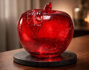 Vintage Toyo Red Crackle Art Glass Apple Paperweight, 3.25" Tall
