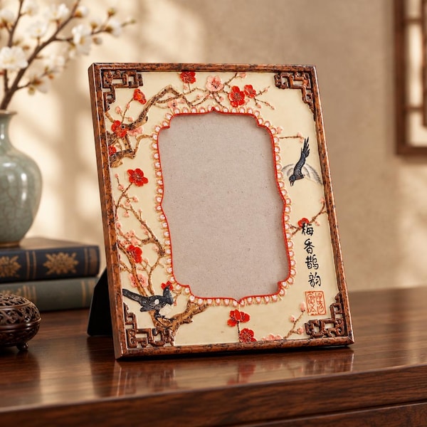 May include: A rectangular picture frame with a dark brown textured border. The cream-colored face features a relief design of red plum blossoms on brown branches, two black birds, and black Chinese calligraphy with a red seal stamp.