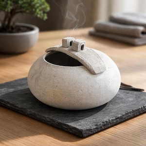 以下が含まれることがあります： 2つの小さな正方形の構造を持つ蓋が付いた、明るい灰色のセラミック香炉。バーナーは、開口部から立ち上る煙の渦を伴う、濃い灰色の長方形のスレートの上にあります。