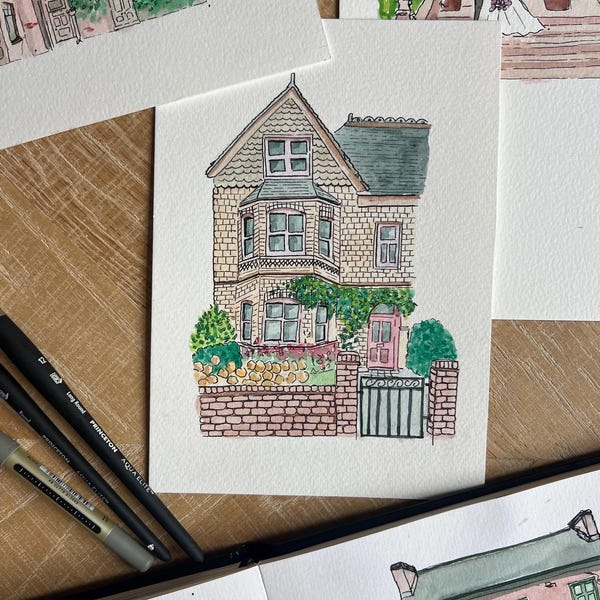 Custom House portrait - personalized hand drawn watercolor painting, new home housewarming gift, graduation present