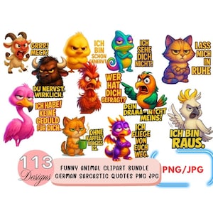 Può includere: Una collezione di 12 illustrazioni di animali dei cartoni animati con espressioni arrabbiate e fumetti. Gli animali includono una capra, un toro, un pulcino, un camaleonte, un gatto, un fenicottero, un gallo, un pappagallo, un gatto, un drago e un cacatua. Testo con citazioni sarcastiche tedesche.