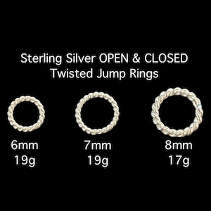 Sterling Silver Twisted Jump Rings, Open and Closed Jump Rings, Fancy Jump Ring, 17 gauge, 19 gauge, 6mm, 7mm, 8mm jump ring, 2 pieces