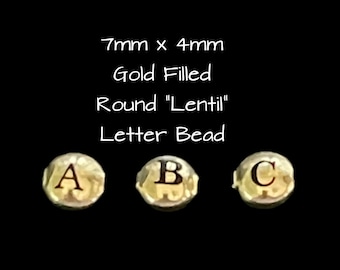 Gold Filled Double Sided Letter Bead, Initial Bead, Lentil Letter Bead,Gold Filled 7mm Letter Bead, Side Drilled, Laser Engraved Letter Bead