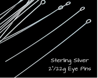 Sterling Silver Eyepins, 2 inch Silver eyepins, 2" 22g Eyepins, Headpins with loop, Sterling Silver, 10 pieces