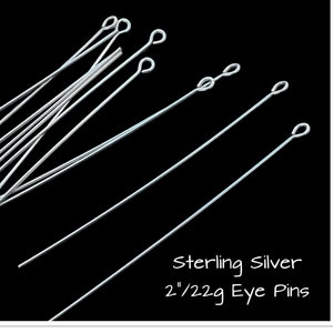 Sterling Silver Eyepins, 2 inch Silver eyepins, 2" 22g Eyepins, Headpins with loop, Sterling Silver, 10 pieces