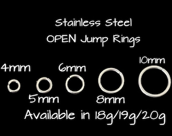 Stainless Steel Jump Rings, 4mm, 5mm, 6mm, 8mm, 10mm Stainless Jump Rings, 18g, 19g, 20g Stainless Steel Open Jump Rings, 20 pieces