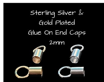 Cord End w/loop, 1 PAIR, Sterling silver Cord End, Gold Plated Cord End, 7mm x 2mm, 2mm hole, Cord end for cord up to 2mm, GLUE ON cord end