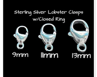 Lobster Claw Clasp, Sterling Silver Lobster Clasp, Silver Clasp, 9mm, 11mm, 13mm, Sterling Lobster Clasp, Clasp for Jewelry, 1 Piece