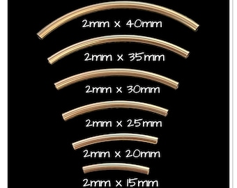 May include: Six gold-filled curved tubes of different sizes. The tubes are arranged in a descending order of size, with the largest tube at the top and the smallest tube at the bottom. The tubes are labeled with their dimensions in millimeters, such as "2mm x 40mm", "2mm x 35mm", and so on.