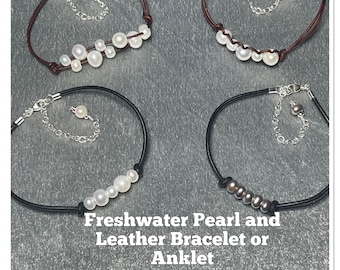 Freshwater Pearl & Leather Bracelet or Anklet, Leather Bracelet, Leather Anklet, Lightweight Jewelry, Summer Jewelry, Sterling Silver