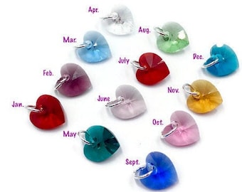 Swarovski Crystal Birthstone Heart Charm: Sterling Silver or Gold Filled
