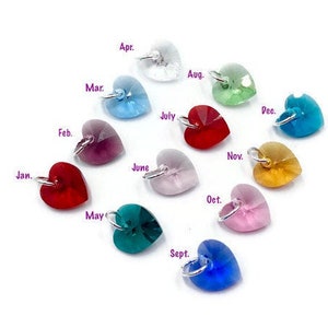 Swarovski Crystal Birthstone Heart Charm: Sterling Silver or Gold Filled