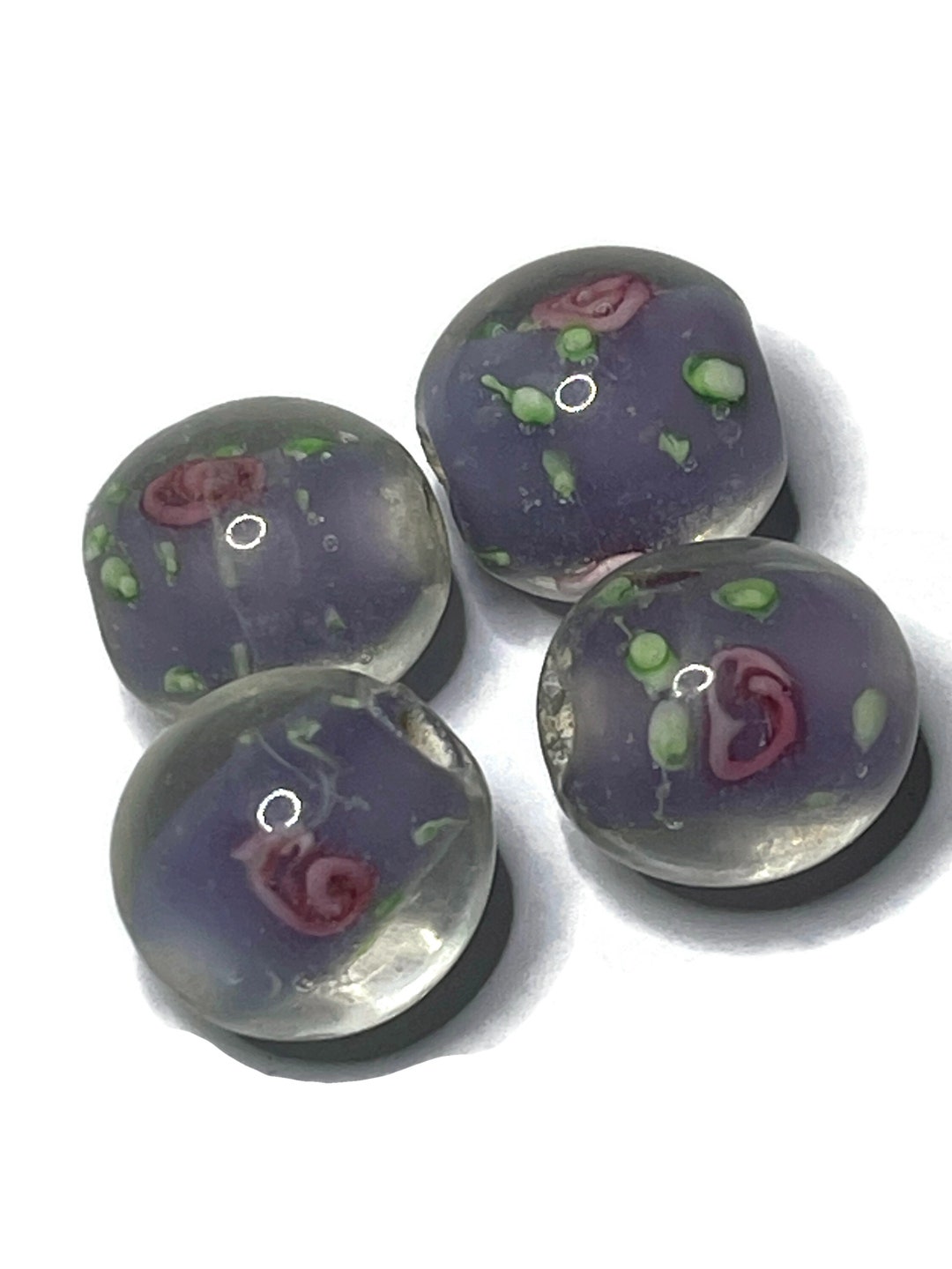 Glass Beads With Flowers, Floral Glass Beads, Lavender With Pink Flowers, 12mm Glass Bead, 4