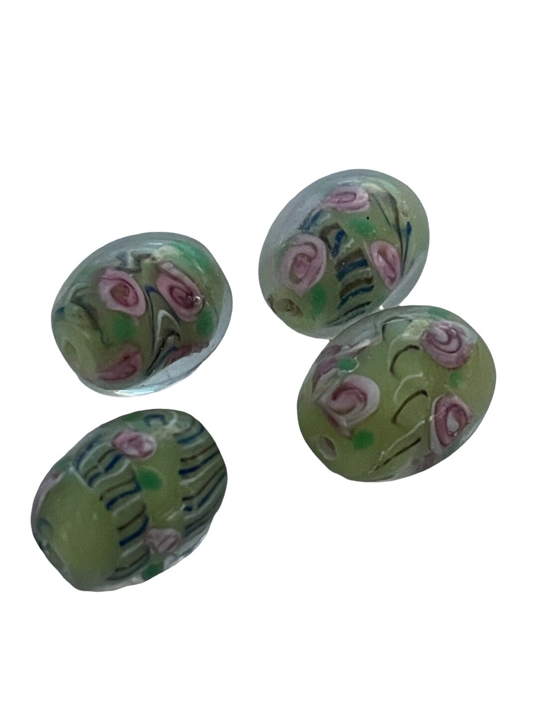 Glass Beads With Flowers, Floral Glass Beads, Yellow With Pink Flowers, Oblong Glass Bead, 15mm