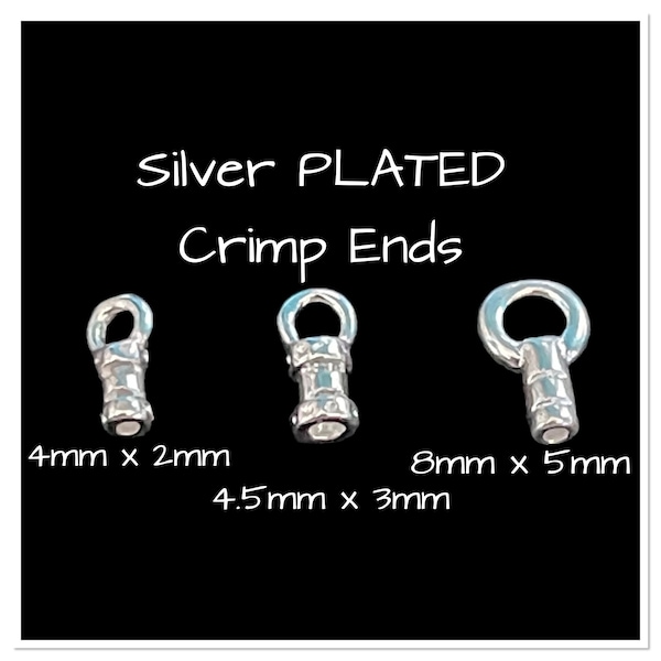 Crimp End w/loop, 1 PAIR, Chain End, Cord End, Silver PLATED, 1mm hole, Crimp Tube, 4mm x 2mm, 4.5mm x 3mm, 8mm x 5mm, Beading Chain End