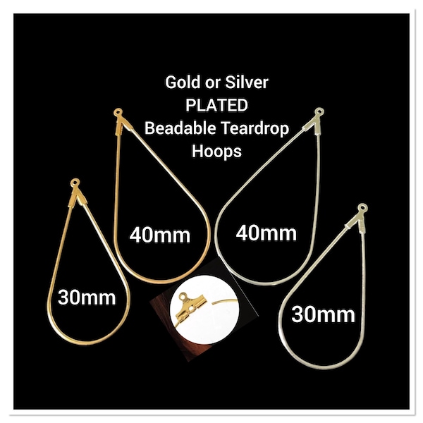 Beadable Teardrop Hoops: Silver or Gold Plated, DIY Earring Component, 1 Pair