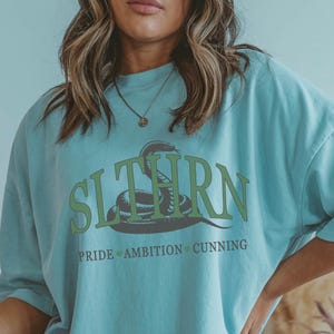 May include: A light blue t-shirt with a green snake graphic and the words 'SLYTHERN' in green letters. Below the graphic, the words 'PRIDE AMBITION CUNNING' are printed in black.