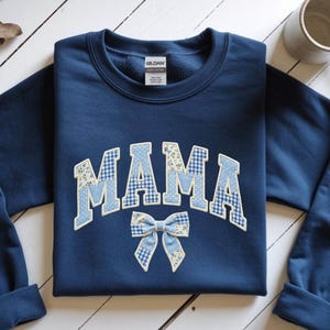 Mama Patchwork Sweater, Faux Embroidered Mom Shirt, Varsity Mama Crewneck, New Mom Gift, Cute Blue Mom Sweater, Mother’s Day Gift