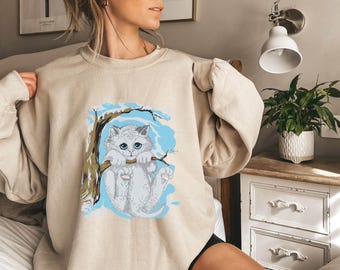 Cat Opalite Sweatshirt, Opalite Winter Kitten Shirt, Vintage 90s Cat Sweatshirt, Pullover Cat, Cat Hanging on Tree, Vintage 90s Cat Hoodie