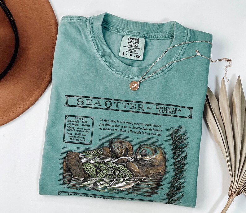 May include: A teal Comfort Colors t-shirt featuring a detailed illustration of a sea otter with the text "SEA OTTER" and scientific information. A delicate silver necklace with a small pendant rests on the shirt.